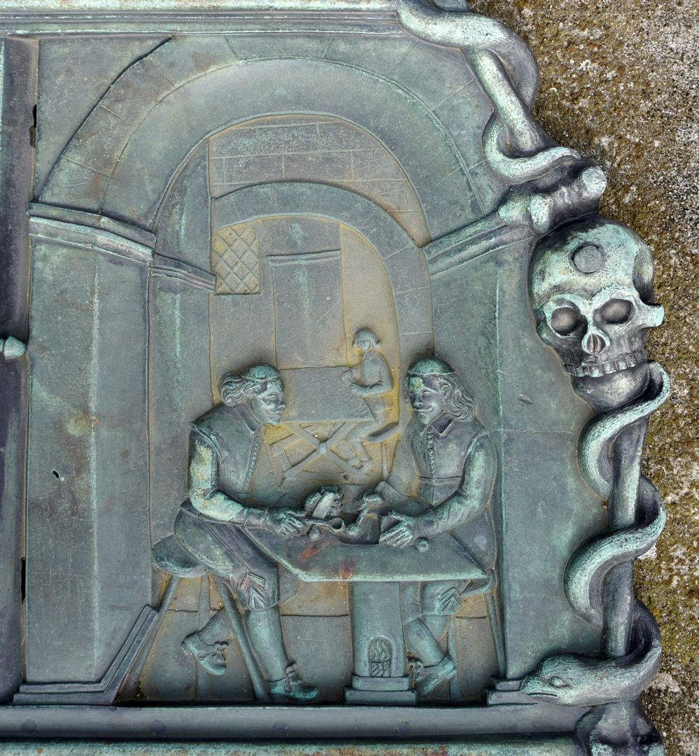 Epitaph of the printer, typesetter and type foundry burial place Workshop scene with two typecasters and an employee