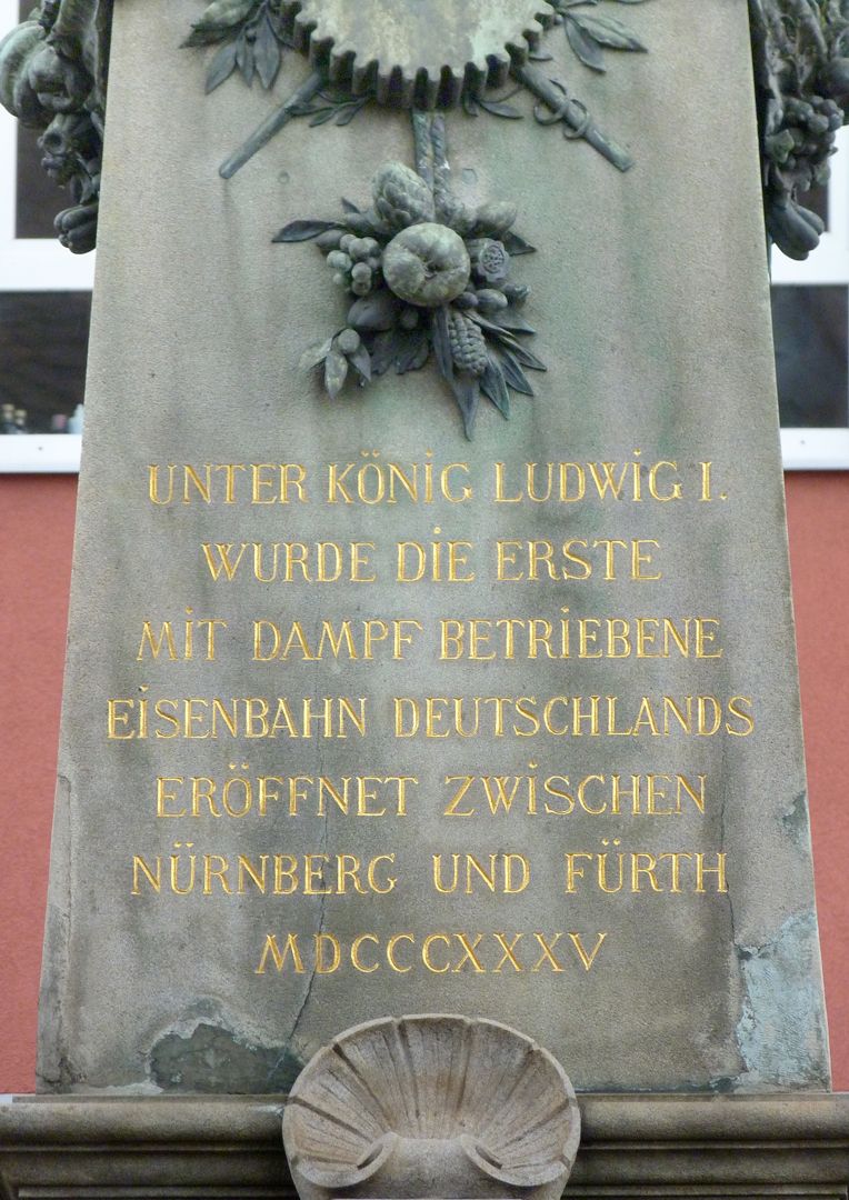 Memorial to King Ludwig´s Railway (Ludwigseisenbahn) Inscription on the obelisk, south side (MDCCCXXXV = 1835)