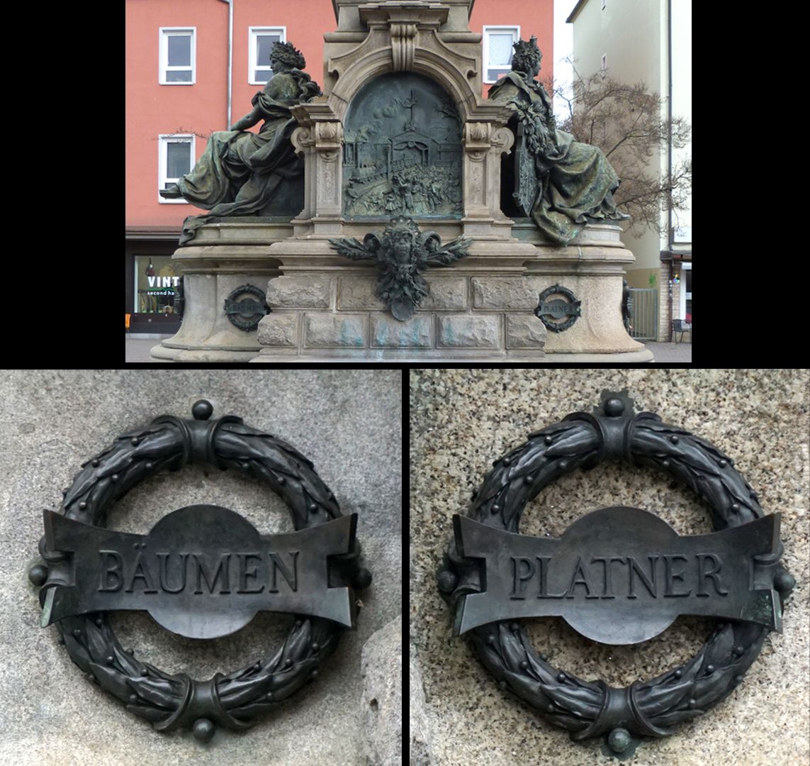 Memorial to King Ludwig´s Railway (Ludwigseisenbahn) South side, two laurel wreaths with the names BÄUMEN (Franz Joseph von Bäume, 1784 - 1861, 1st mayor of Fürth) and PLATNER (Georg Zacharias Platner, 1781 - 1862, main shareholder and director of the "Ludwigs-Eisenbahn-Gesellschaft-Nürnberg")