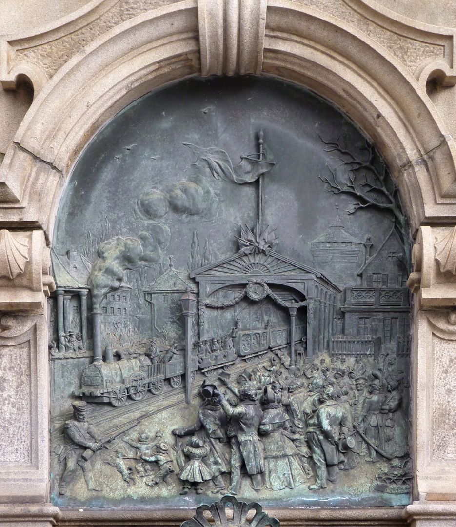 Memorial to King Ludwig´s Railway (Ludwigseisenbahn) Relief image on the south side: exit of the train towards Fürth
