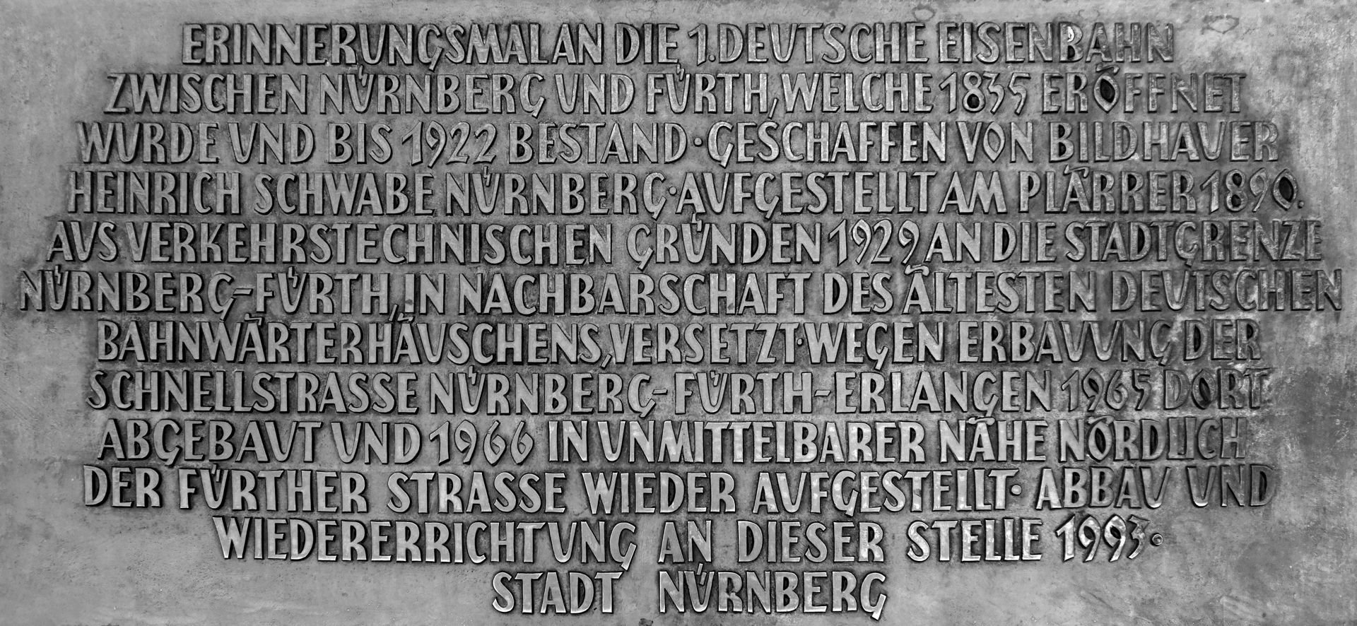 Memorial to King Ludwig´s Railway (Ludwigseisenbahn) Inscription of the City of Nuremberg an the stone