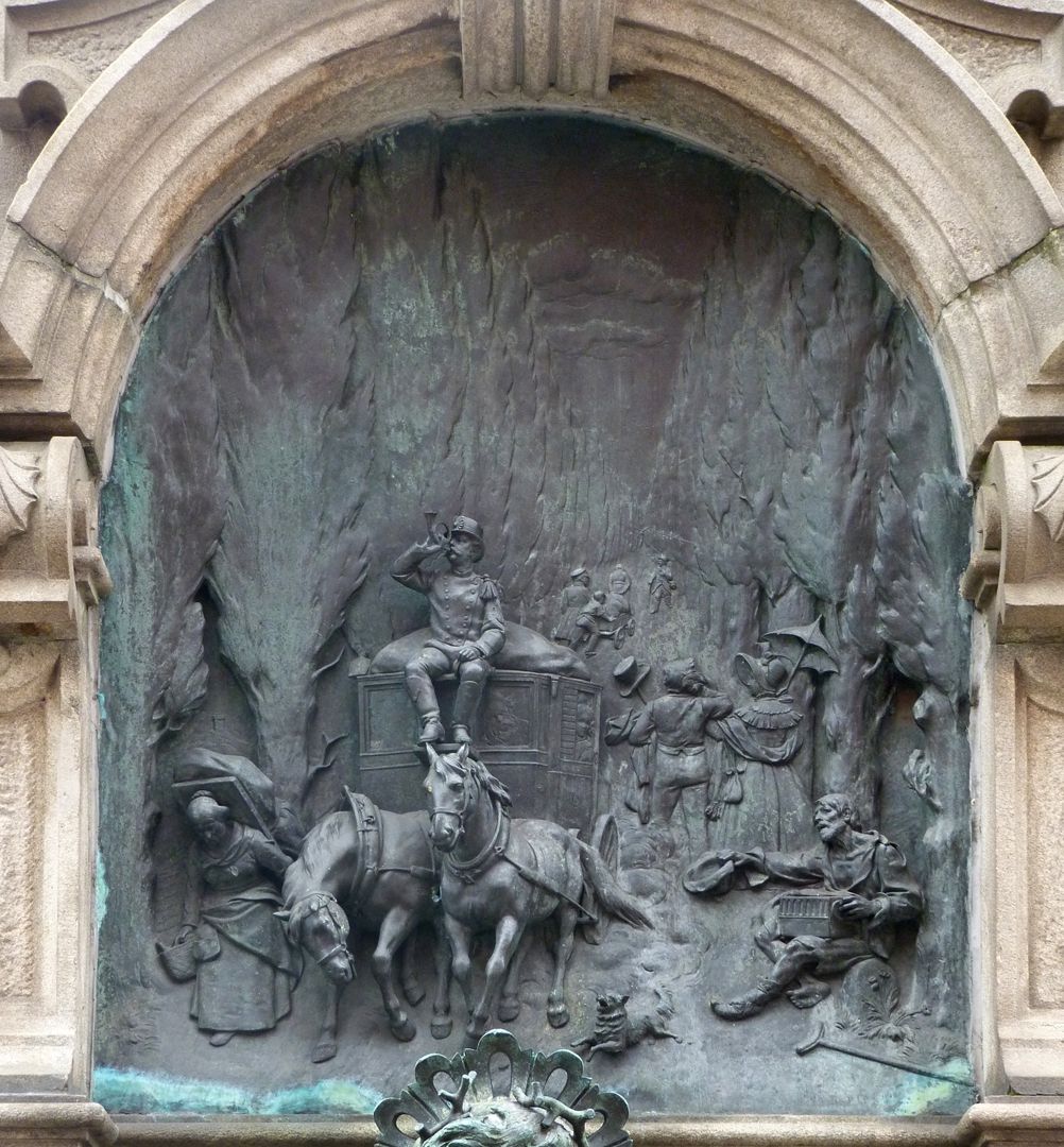 Memorial to King Ludwig´s Railway (Ludwigseisenbahn) Relief image on the north side, "The time before the railway" with a stagecoach