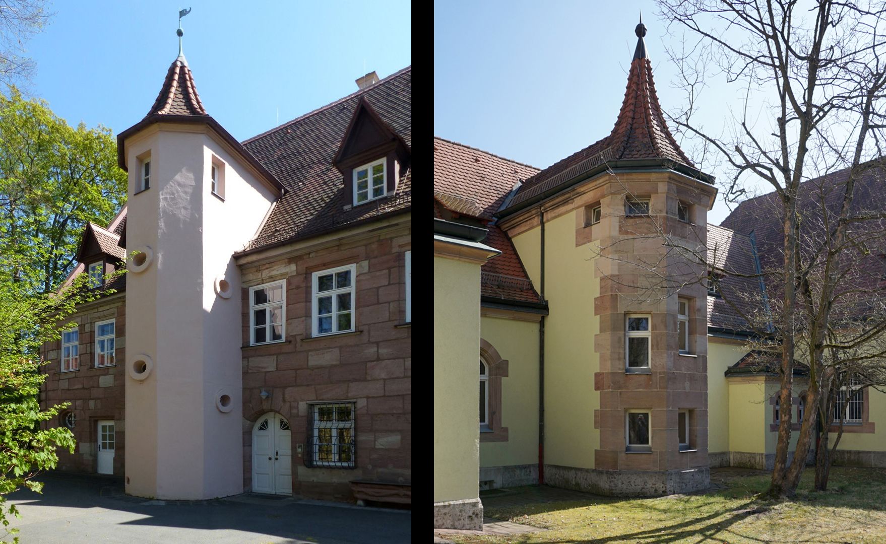 Cemetery buildings Picture comparison with the staircase turret at the Schmausenschloss in Mögeldorf (1682)