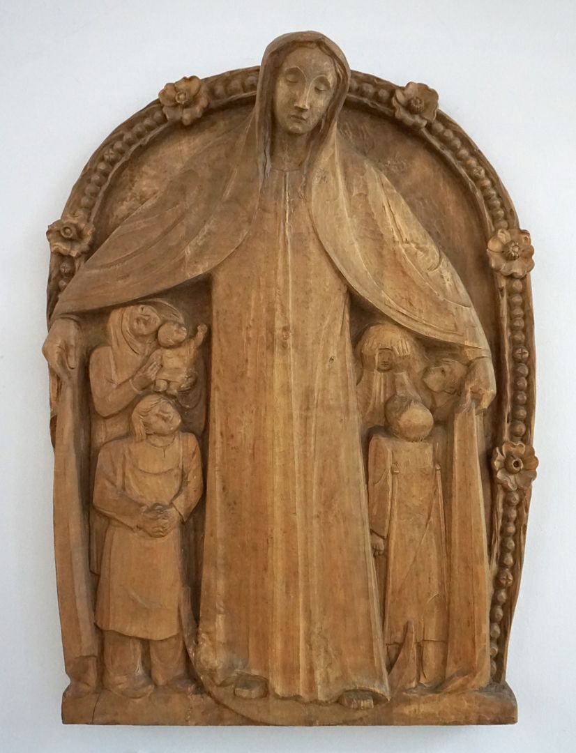 Protective Cloak Madonna Mary, standing on a crescent moon, protects people under her outstretched cloak