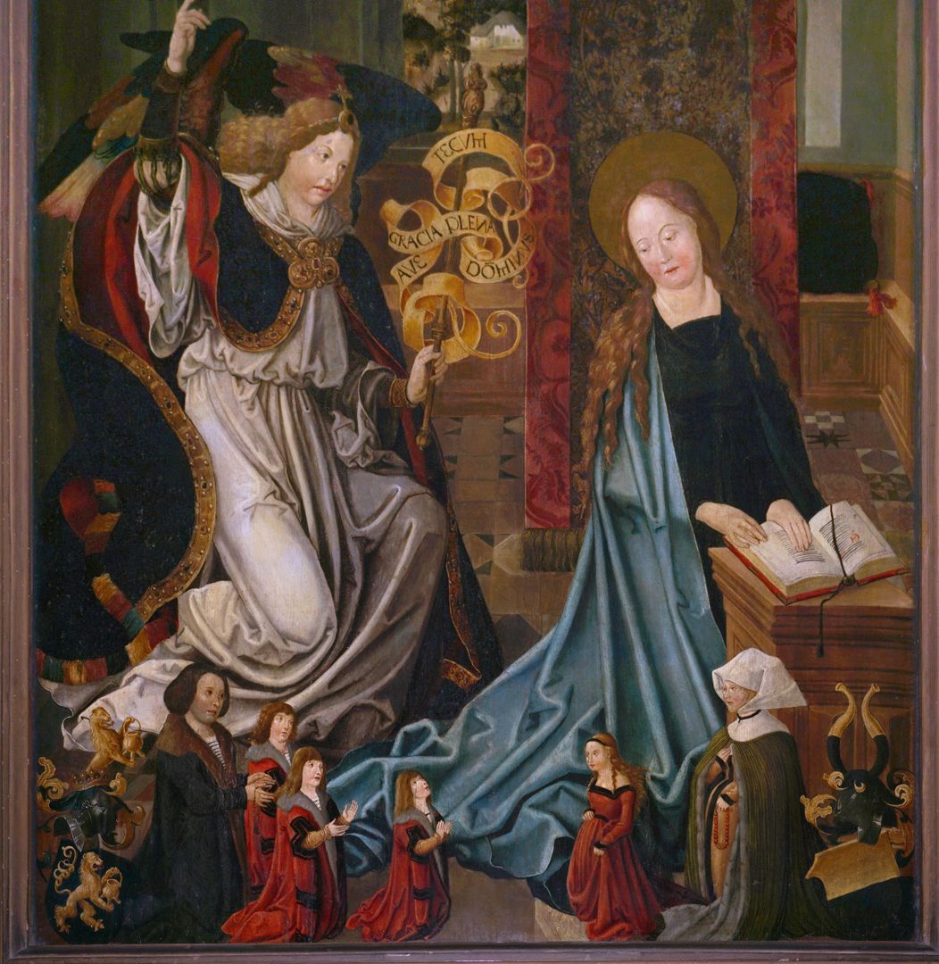 Epitaph für Anna Oelhafen (geb. Pfinzing) Detailansicht mit der Verkündigungsszene, unten die Stifterfamilie