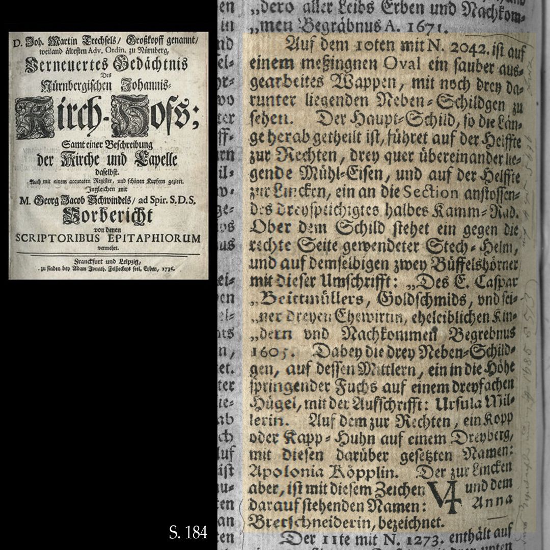 Epitaph of the goldsmith Caspar Beutmüller Excerpt from Joh. Martin Trechsels, called Großkopf: "Verneuertes Gedächtnis des nürnbergischen Johannis Kirch Hof ..." , Franckf. & Leipzig 1736