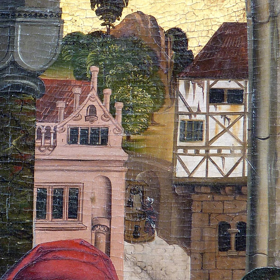 Epitaph of Hans Mayer (died August 21, 1473) and his spouse Kunigunde, neé Sternecker (died March 23, 1450) Detail with the gable broken by round rods on the Groland premises, on the right a timbered house on a stone storey of the Romanesque era, between the both of them a draw well in the old Wolfsgasse (today Mummenhoffstraße) can be seen