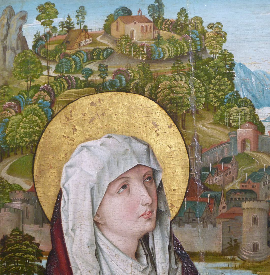 Crucifixion of Christ Left half of the picture, Mary's head and background with architecture