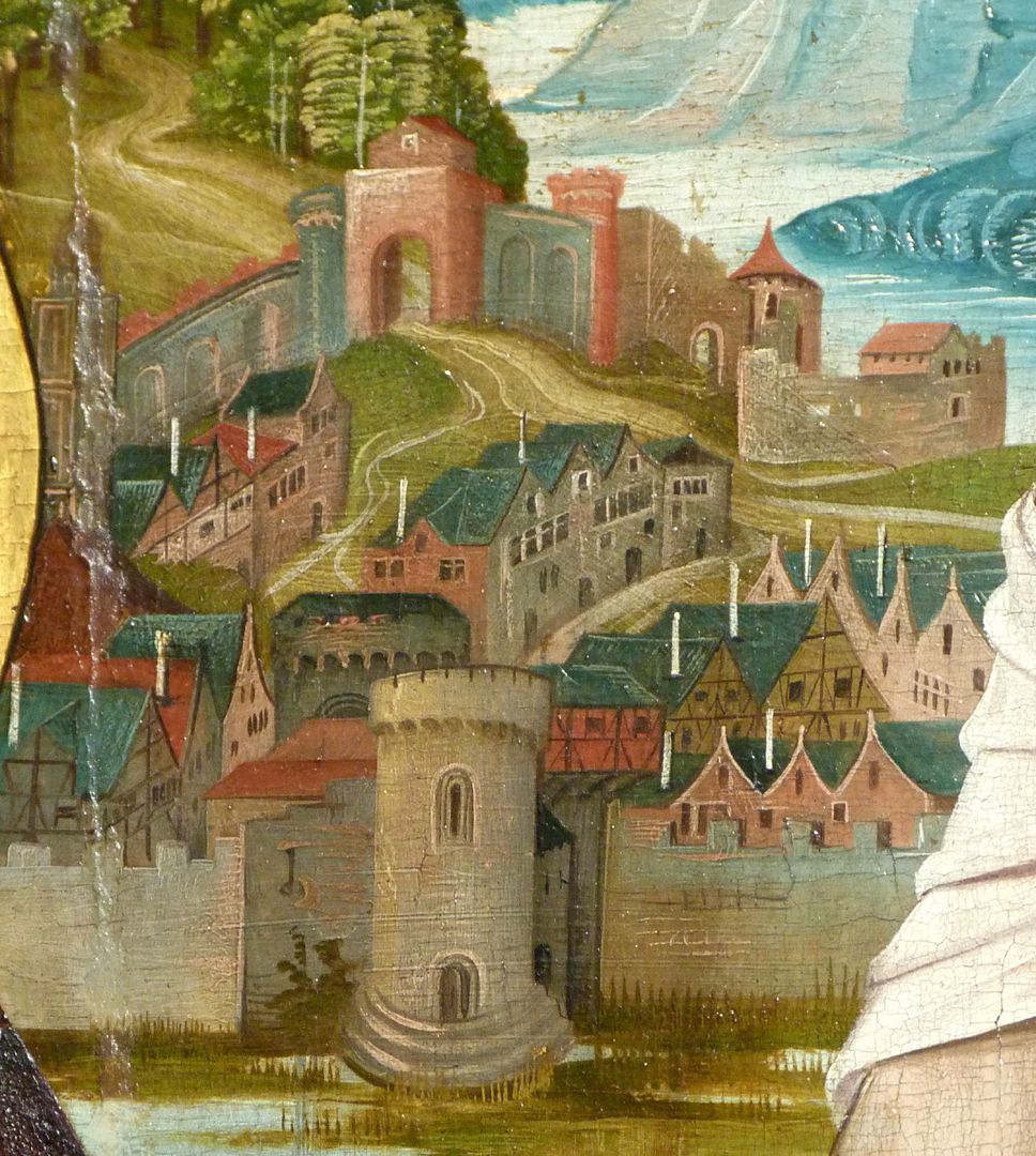 Crucifixion of Christ Left half of the picture, detail of the background with architecture