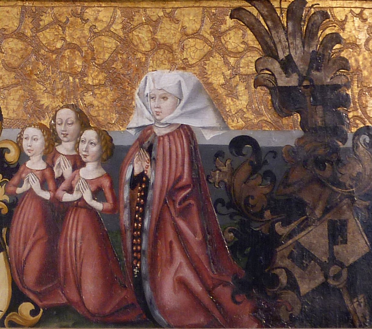 Ascension of Christ Katharina Schlüsselfelder (died 29 May 1474), the first wife of Sigmund Fürer, with her daughters and Schlüsselfelder coat of arms (marriage 9 November 1467)the