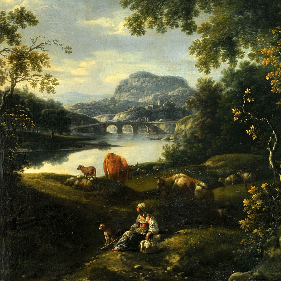 Ideal landscape with resting herdswoman and animals on the river Detail