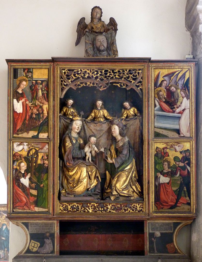 Katharinenaltar in St. Egidien Gesamtansicht mit geöffneten Schrank, darüber Engel mit Schweißtuch (Ton?) gegen 1450