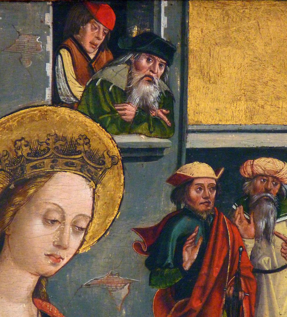 Katharinenaltar in St. Egidien Verbrennung der Philosophen, Detail mit Zuschauern