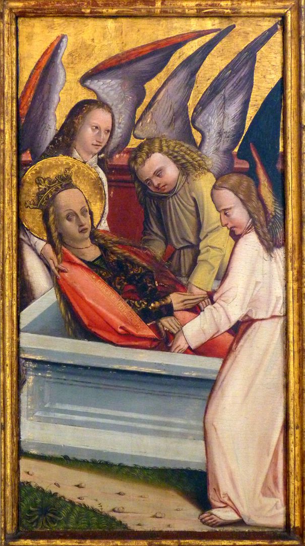 Katharinenaltar in St. Egidien rechte Flügelinnenseite oben, Katharina wird von Engeln in das Grab gelegt