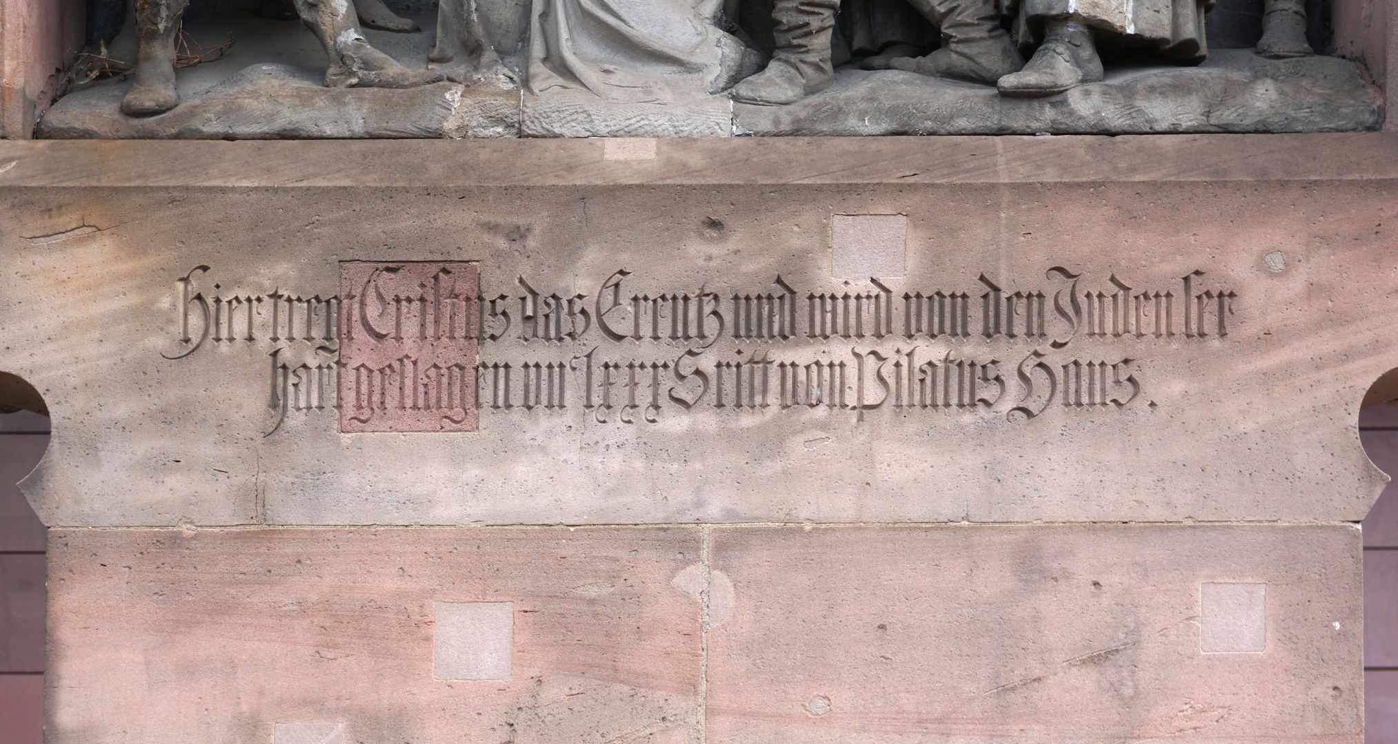5th Station of the Cross Inschrift: Hier tregt Cristus das Creutz und wird von den Juden ser hart geslagen VIIc LXXX (780) Sritt von Pilatus Haus