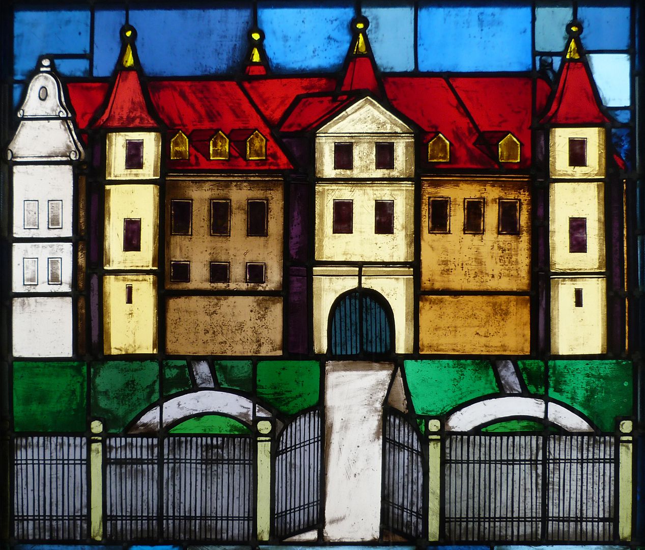 Stained glass windows on the city history Staircase to the third floor, Neunhof near Lauf, New Castle (incorporation 1972)