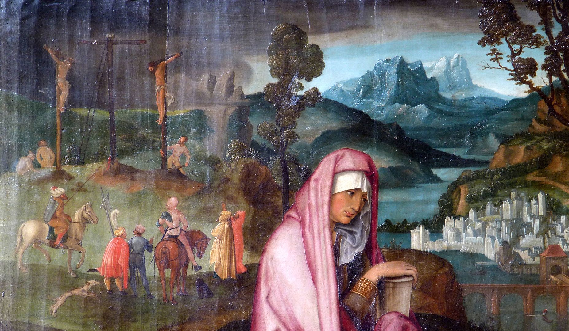 Lamentation of Christ In the background Golgotha, in front of it Mary Magdalene with an ointment vessel in her hands