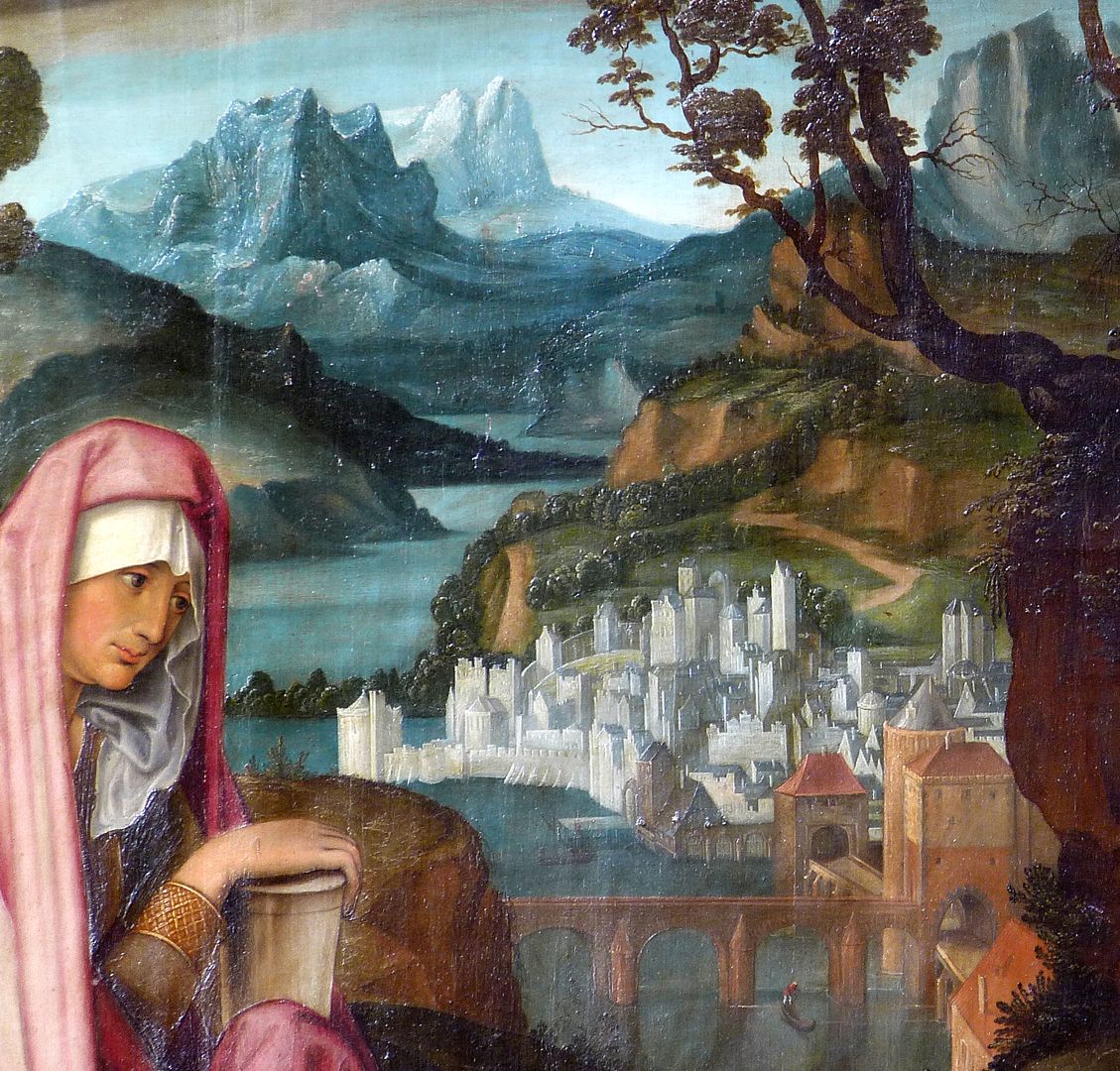 Lamentation of Christ In the background there is a landscape and a fantasy city, in front of it is Mary Magdalene with an ointment jar in her hands