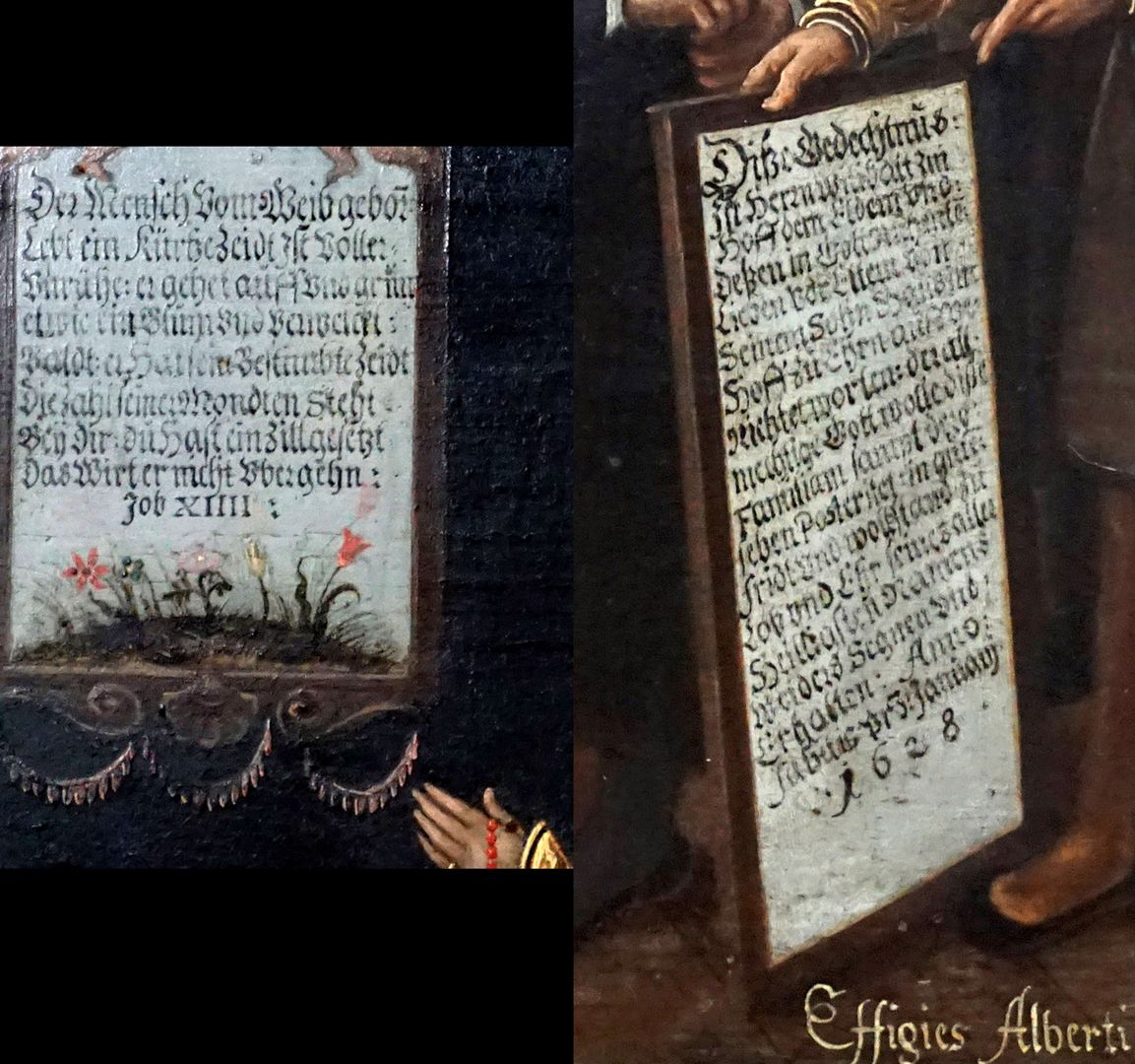 MemoriaL tablet for Willibald Imhoff links Vers aus Joh. XIIII / rechts die Stiftungsinschrift von Dürer gehalten