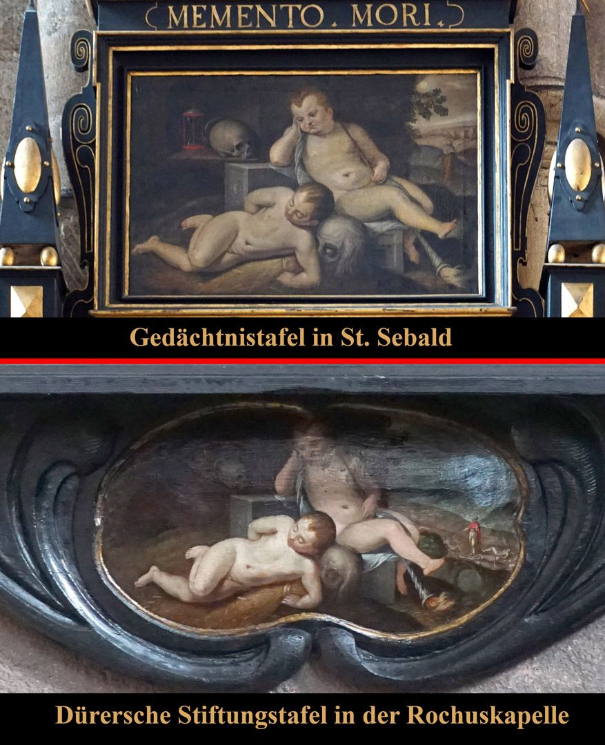 Dürer's foundation plaque Comparison picture with two putti: above, detail of the memorial tablet for Willibald Imhoff in St. Sebald / below, detail with a painted cartouche from the so-called Dürer memorial tablet in the Rochus Chapel
