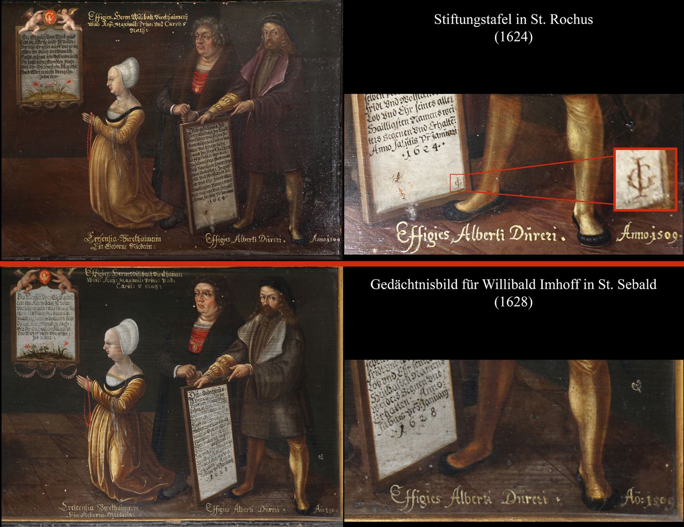 MemoriaL tablet for Willibald Imhoff Image comparison with the so-called Dürer Foundation Tablet in the Rochus Chapel / dates 1624 and 1628