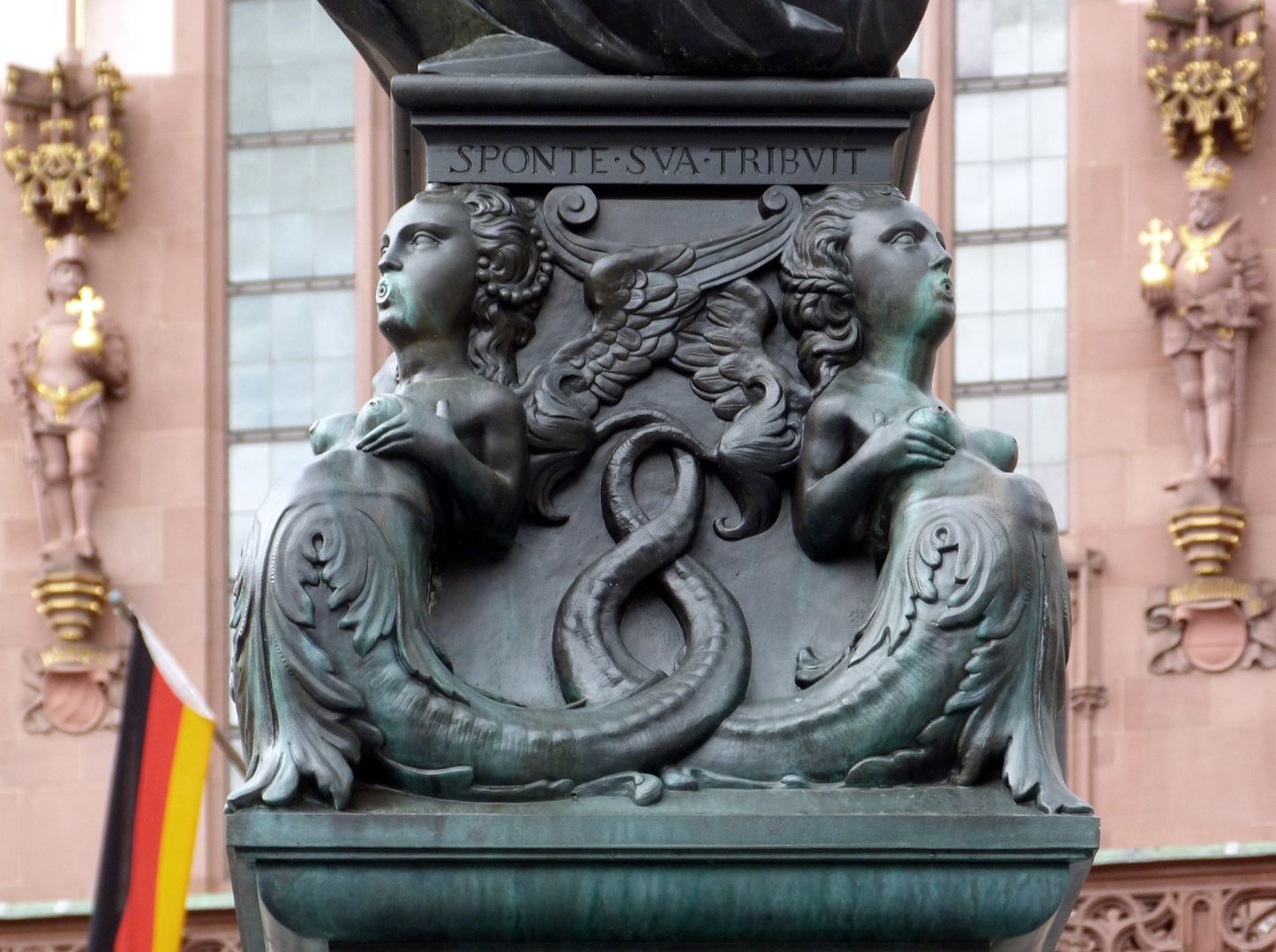 Fountain of Justice (Frankfurt a.M.) Pedestal with double-tailed sea women, view from the east