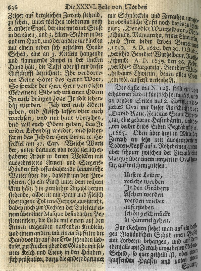 Epitaph Wurzelbauer Auszug aus Joh. Martin Trechsels, Großkopf genannt: "Verneuertes Gedächtnis des nürnbergischen Johannis Kirch Hof ..." , Franckf. & Leipzig 1735 / Seite 636