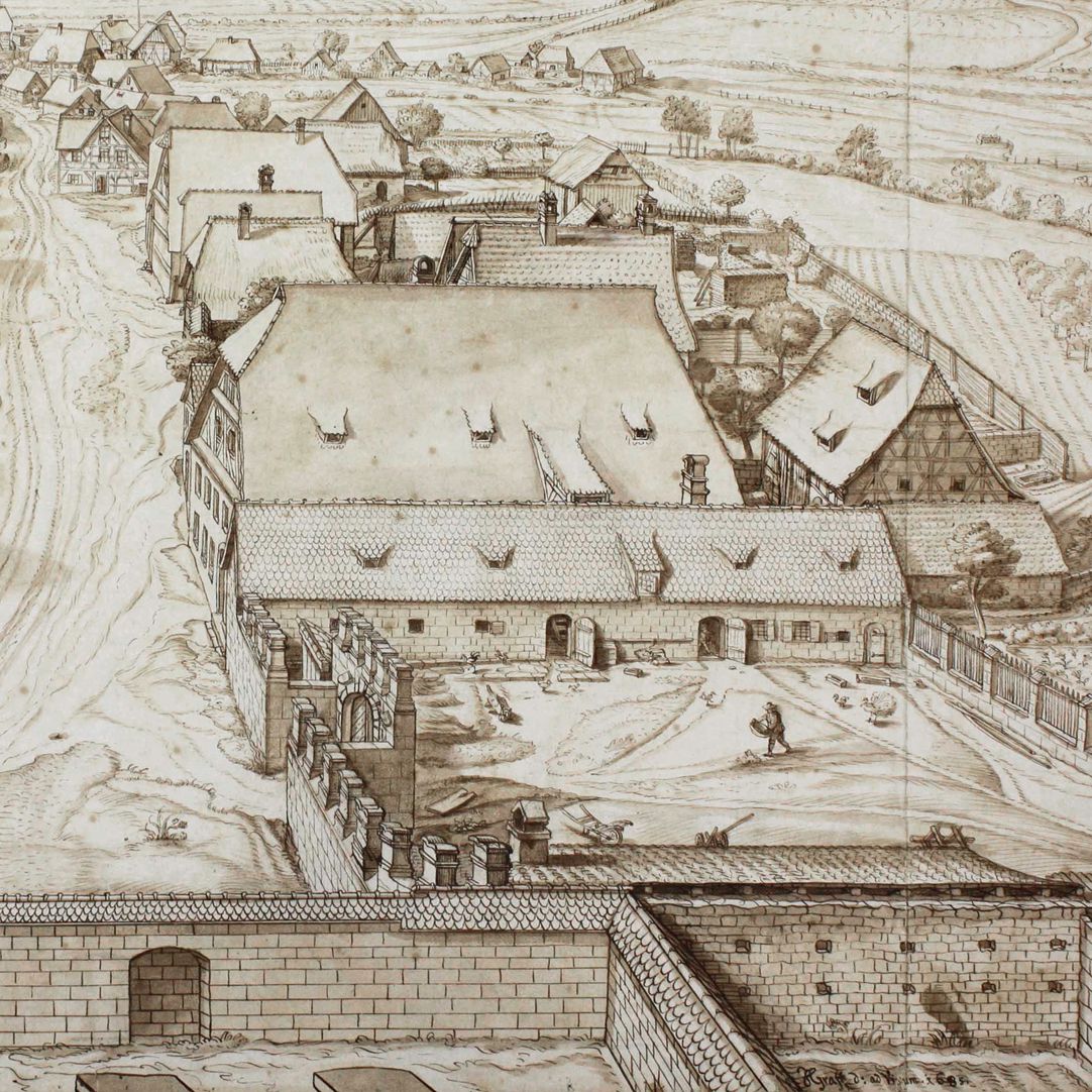 Großgründlach, View from the Church steeple southwards Right half of the picture, detail, at the bottom right signature