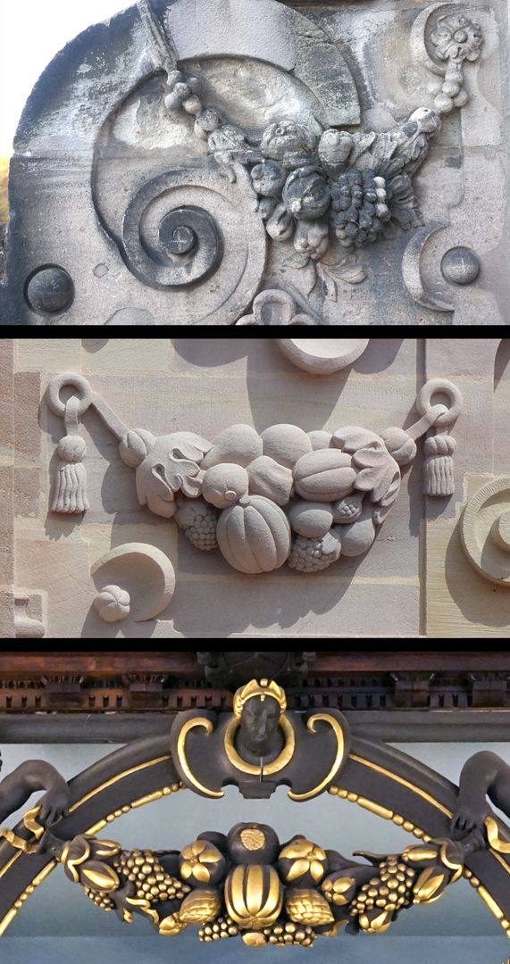 Ofenvergitterung im Schönen Zimmer Bildvergleiche: oben Detail Ochsenportal von 1599, mitte Detail Rückhaus Pellerhaus 1605 bis 1607 (Rekonstruktion 2018), unten Detail Ofennische aus dem "Schönen Zimmer" des Pellerhauses