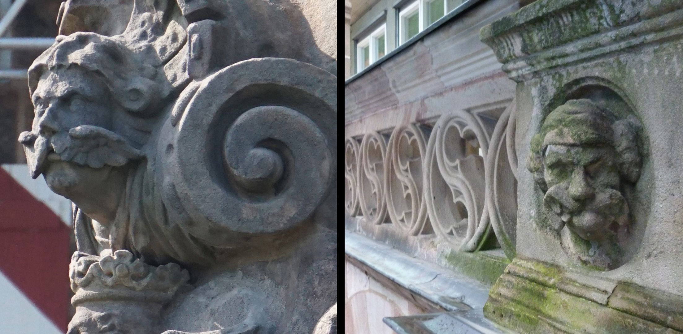 Vestnertorbastei: Wappen der Ostseite Bildvergleich: links Detail aus dem Wappen / rechts Detail aus dem Hof des Pellerhauses 1605 - 07 (Für diesen Hinweis ist Harald Pollmann zu danken)
