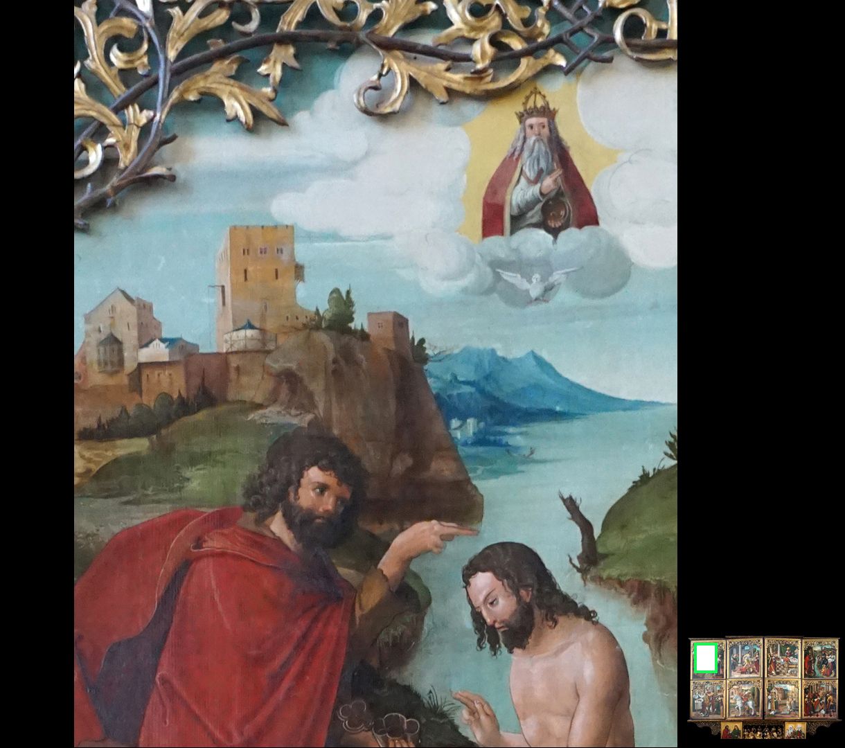 Hochaltar / Schwabach / erste Wandlung Taufe Jesu durch Johannes im Jordan / Detail aus der oberen Hälfte