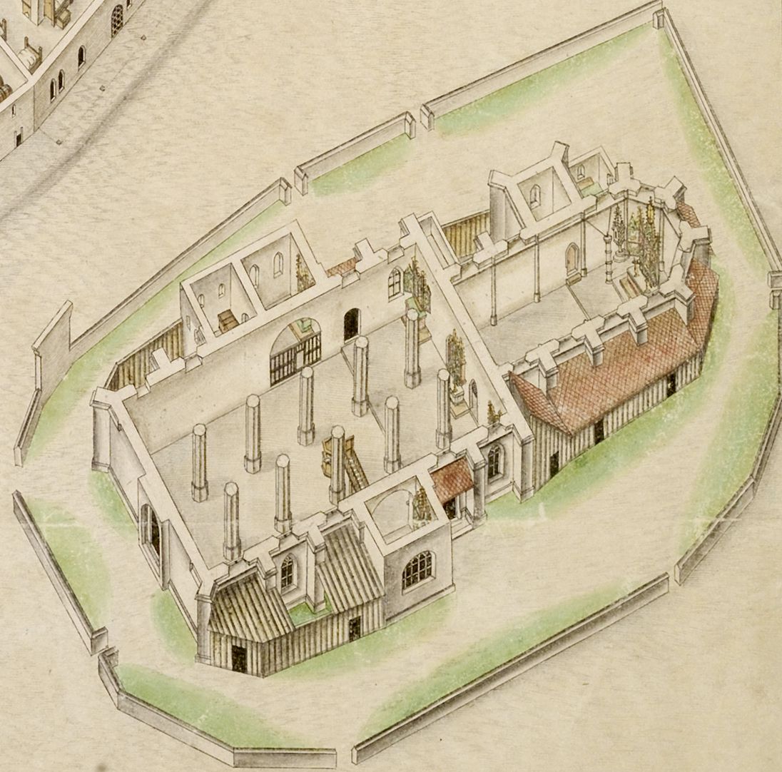 Isometric Picture of the whole plan of the German House in Nuremberg with view into the ground floors St. Jacob-church (please note that the choir for the members of the Teutonic order is completely separated from the nave on the ground floor, each of them having an altar of its own)