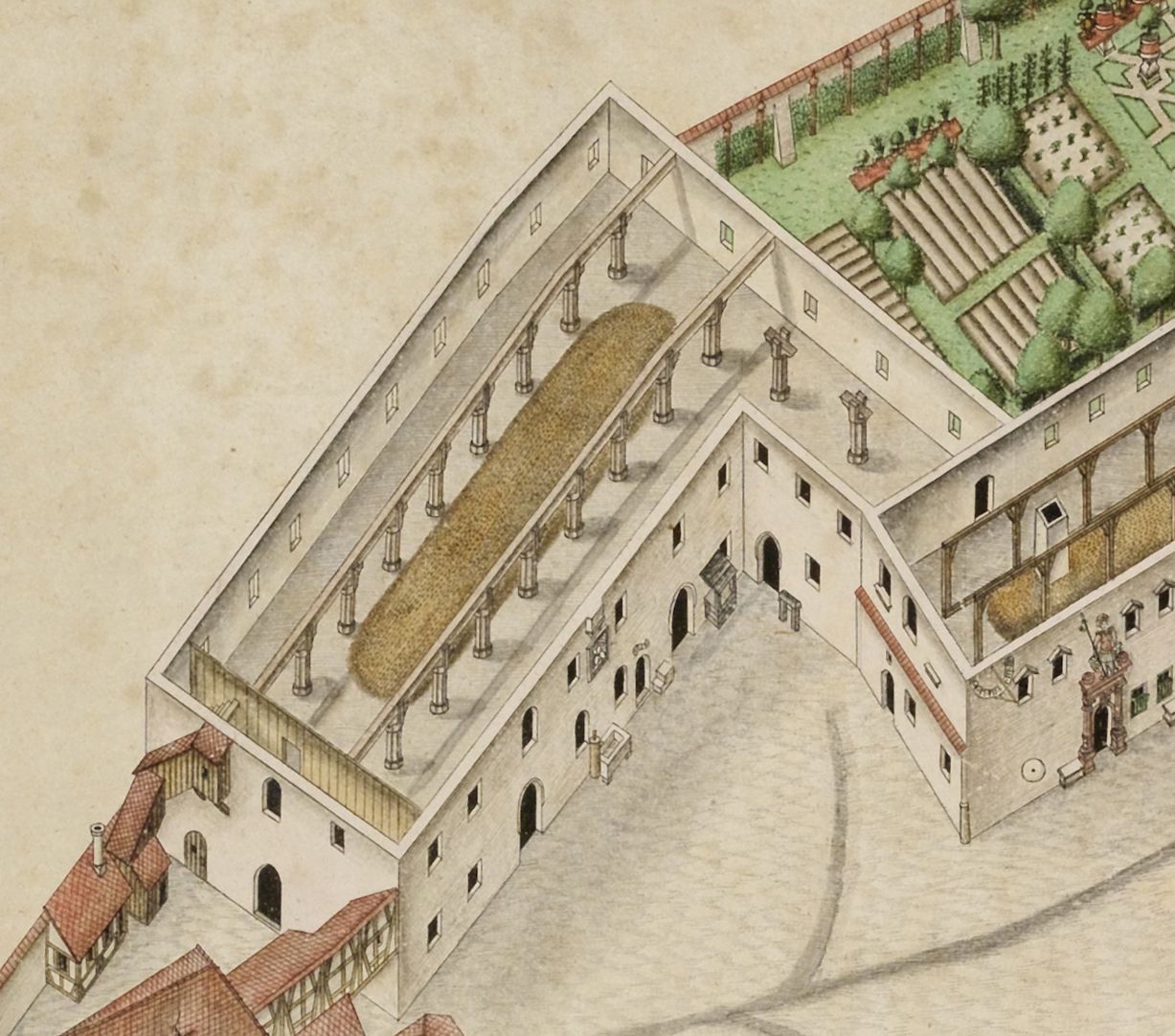 Isometric Picture of the whole plant of the German House in Nuremberg with view from the bird´s eye into the upper floors Detail granary with halls having multiple aisles