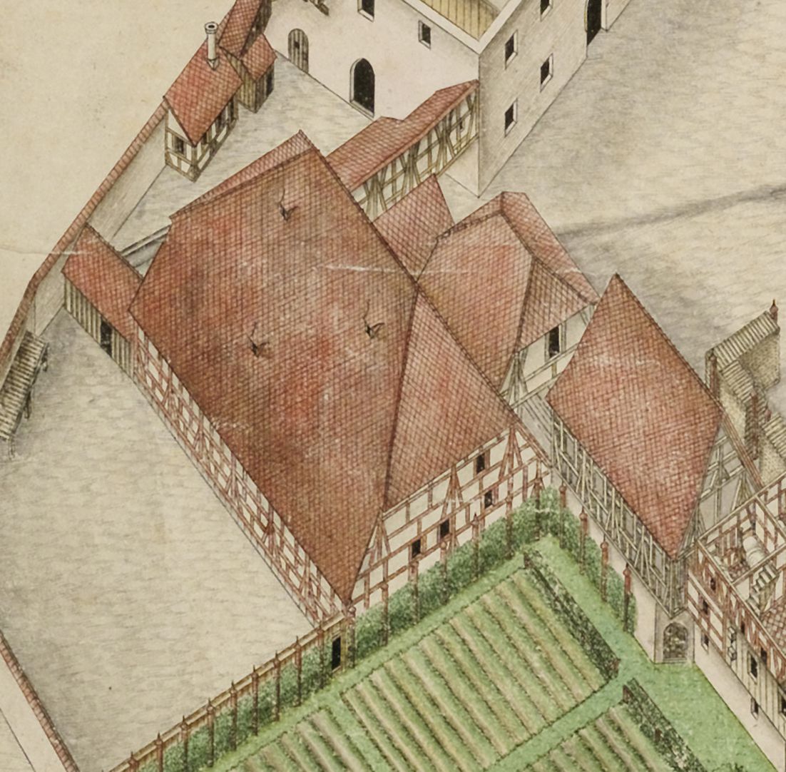 Isometric Picture of the whole plant of the German House in Nuremberg with view from the bird´s eye into the upper floors Detail big barn next to the kitchen garden