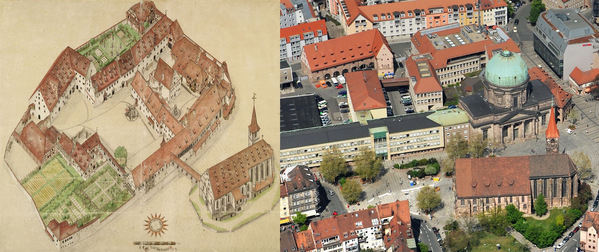 Isometric sketch of the German House in Nuremberg from the bird´s eye as seen from the south/west Comparison Bien and photograph from the air: Jacob´s Church and the L-shaped granary have been preserved, the Elisabeth-Chapel was replaced by the Elisabeth-Church after 1748. Remaining building have been frequently replaced (now police headquarters)