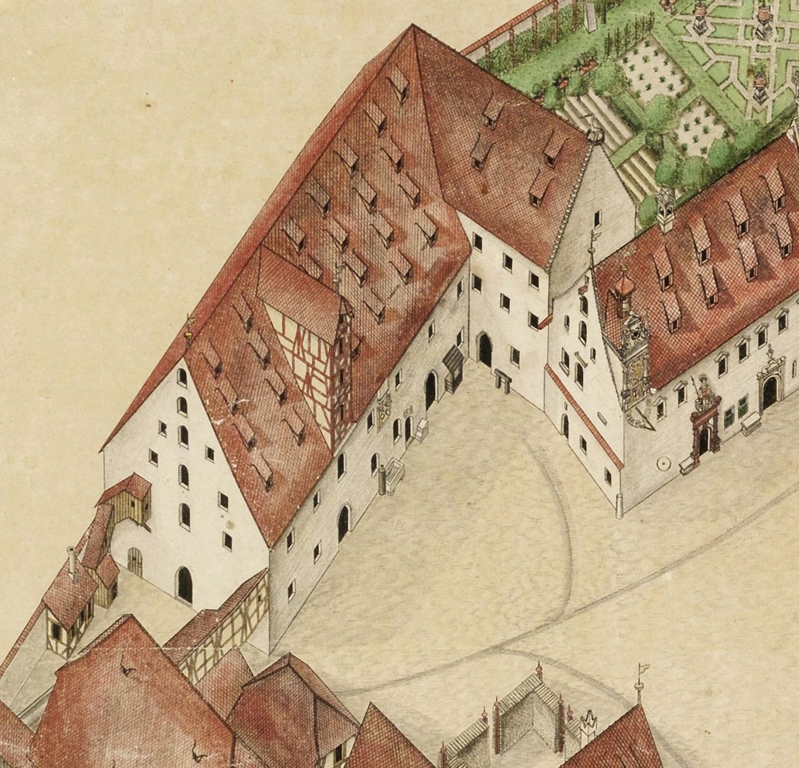 Isometric sketch of the German House in Nuremberg from the bird´s eye as seen from the south/west Granary with ground floor stables