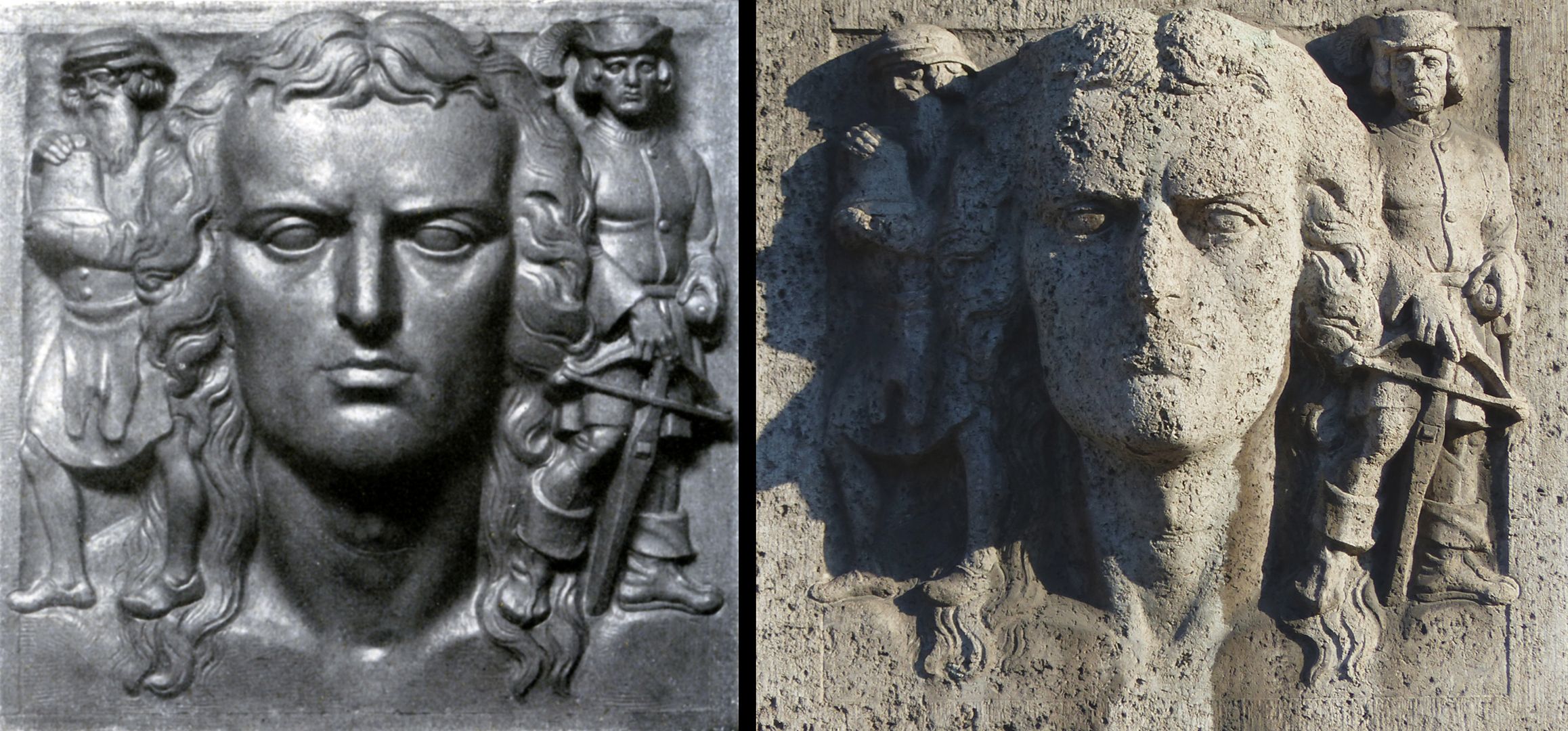 facade decoration at Melanchthon-Gymnasium left historical photo of the model in: Georg Lill: Max Heilmaier, a German sculptor, 1922, p. 54