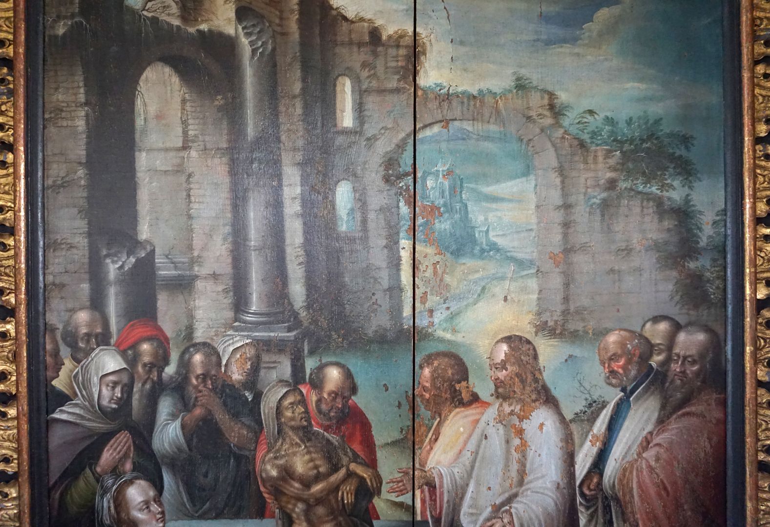 Painting epitaph for Sigmund Herel Middle picture with the raising of Lazarus, detailed view with ruins and those present