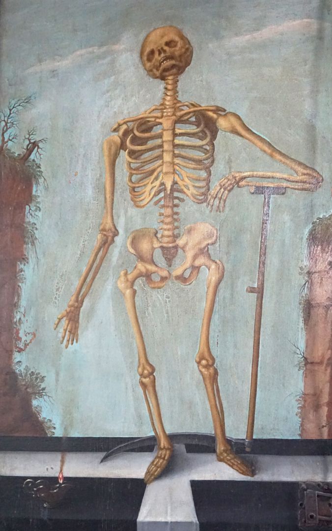 Painting epitaph for Sigmund Herel Death with scythe, detail view