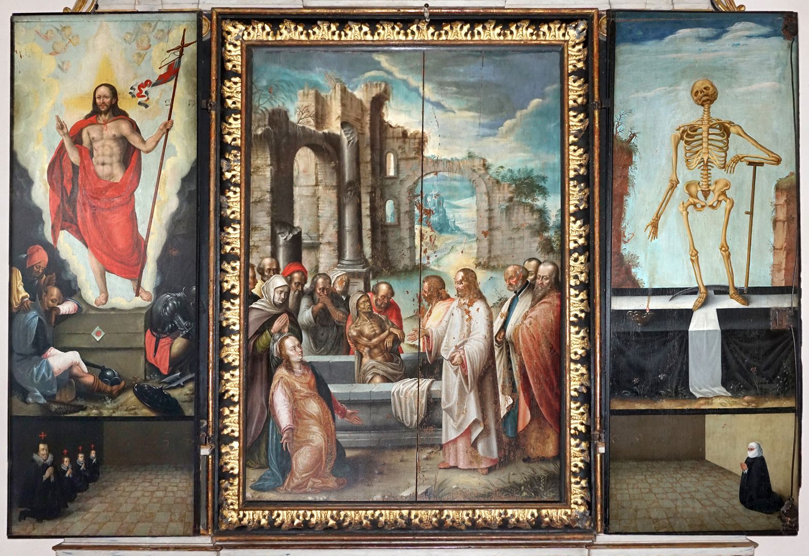 Painting epitaph for Sigmund Herel Middle picture with the raising of Lazarus, left: Resurrection of Jesus, below Sigmund Herel with his sons / right: Death with scythe, below Dorotha Herel