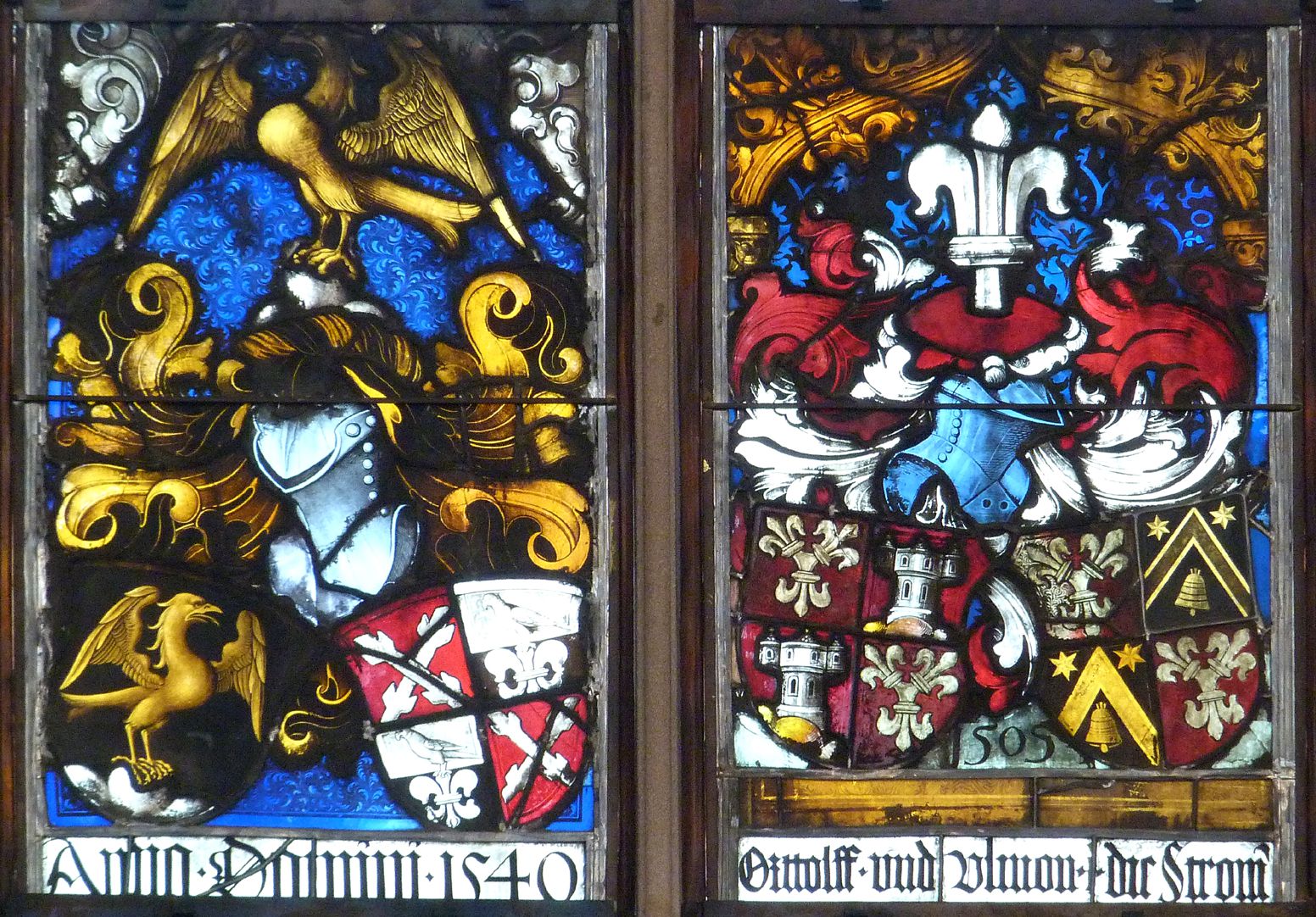 Hirschvogelfenster Mittelfeld: oberstes Band, Allianzwappen 1540 (links), Allianzwappen Stromer 1505 (rechts)