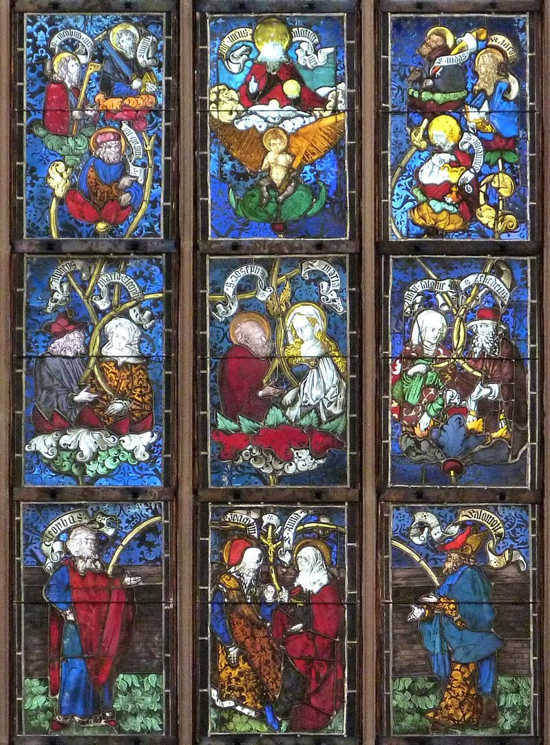 Hirschvogelfenster Mittelfeld: Darstellung der Heiligen Sippe. In der Mittelachse von unten nach oben Joachim und Anna, Maria und Joseph und das Jesuskind.