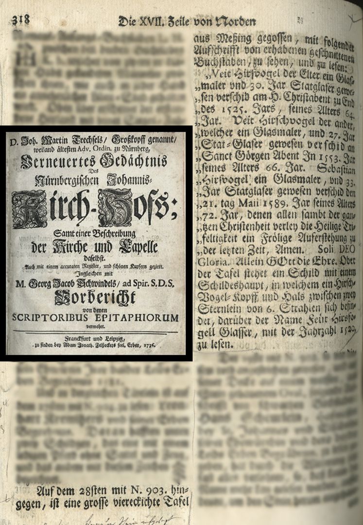 Hirsvogel Epitaph Excerpt from Joh. Martin Trechsel's, Großkopf genannt: "Verneuertes Gedächtnis des nürnbergischen Johannis Kirch Hof ...". , Franckf. & Leipzig 1735