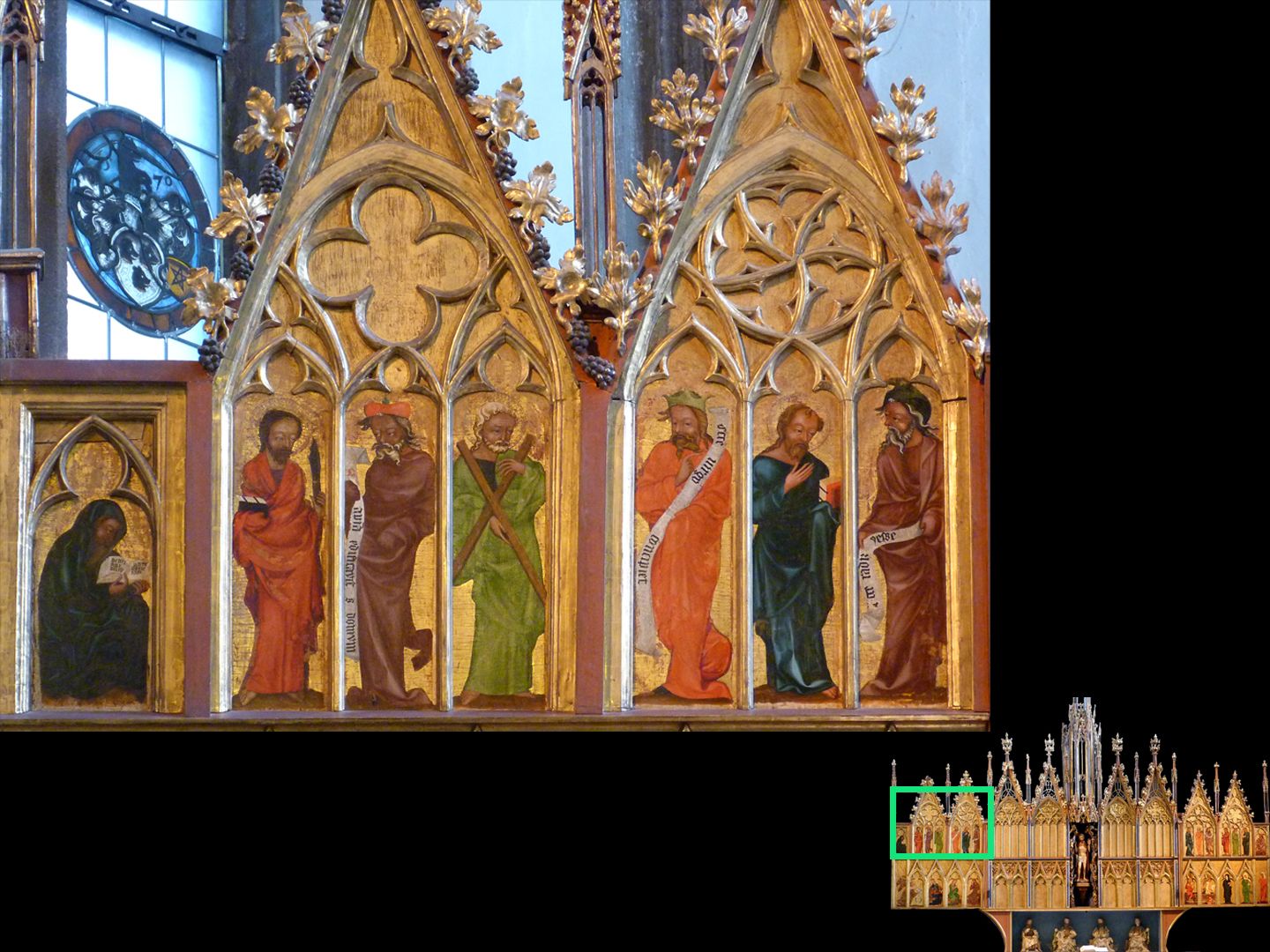 Hochaltar von St. Jakob linker Altarflügel, oberes Personenregister mit zwei Wimpergen, die Apostel Bartholomäus, Andreas und Simon zwischen vier Propheten.