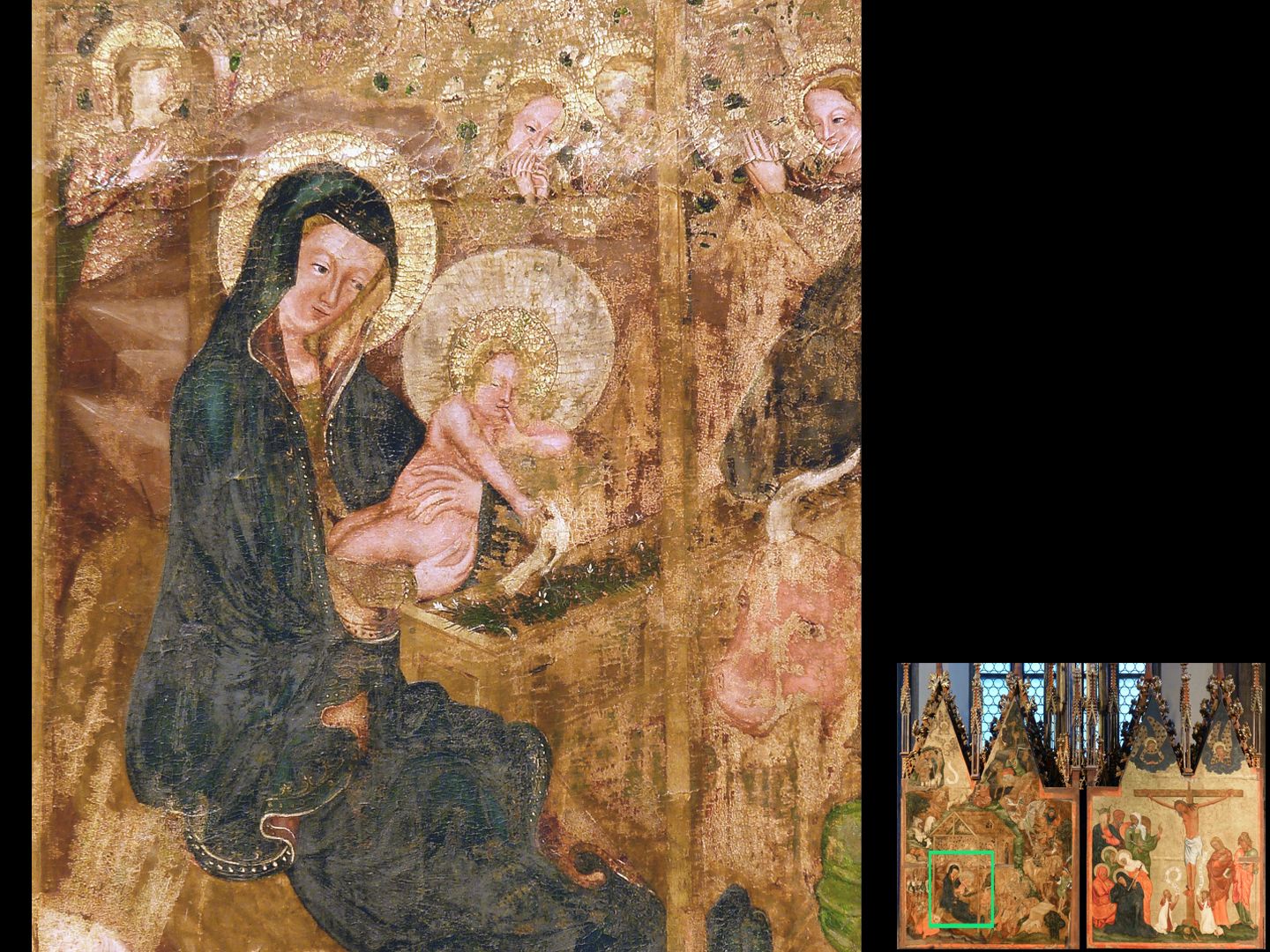 Hochaltar von St. Jakob linker Außenflügel, Anbetung der Heiligen Drei Könige, Detailansicht mit Maria und Jesuskind mit einem Vogel