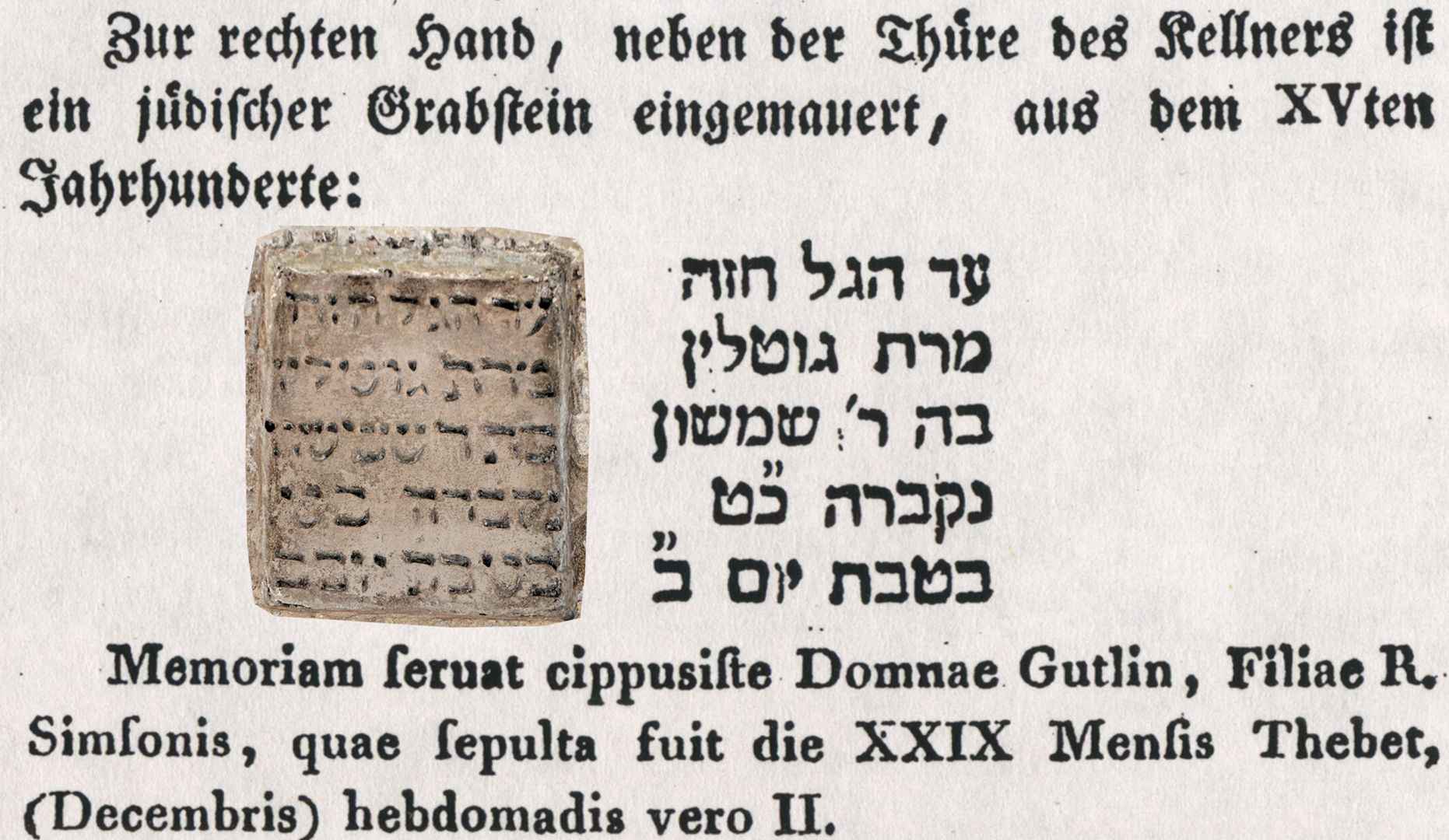 Jewish gravestone of Mrs Gutlin daughter of R` Simson Picture comparison: Tombstone and detail p. 73 from: Description of the most distinguished curiosities in the Imperial City of Nuremberg in its districts and at the University of Altdorf