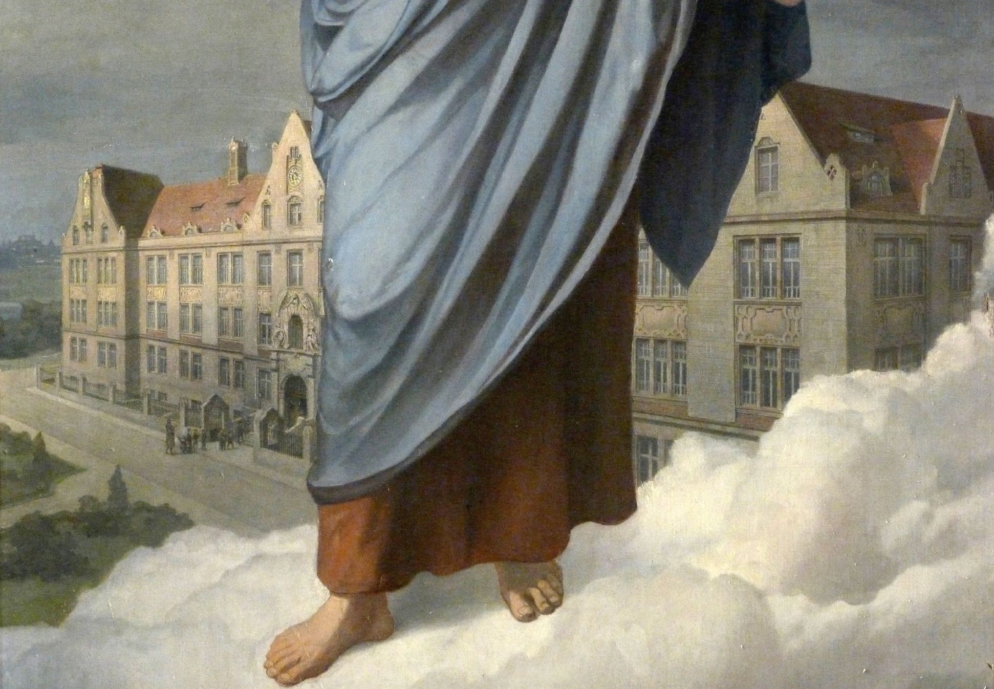Jesus breitet segnend seine Hände über die Nürnberger Taubstummen-Anstalt aus Detail mit Schulgebäude