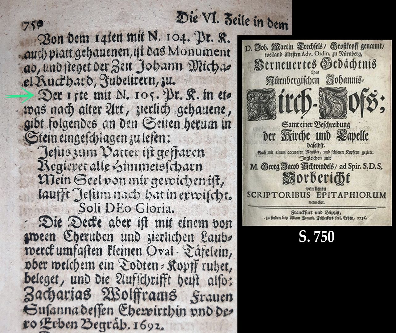 Epitaph of Zacharias Wolffram Excerpt from Joh. Martin Trechsels, called Großkopf: "Renewed memory of the Nuremberg Johannis Kirch Hof...", Franckf. & Leipzig 1735