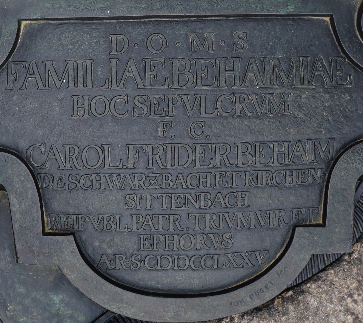 Gravesite of Carl Friedrich Behaim D.O.M.S. = Deo Optimo Maximo Sacrum ("Dedicated to the best and greatest God") / Hoc Sepulcrum (This Grave)