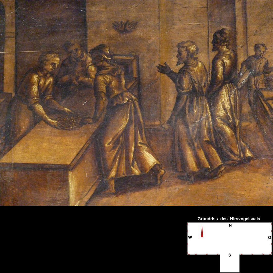 Cäsarenzyklus Vitenszene zu Galba: linke Bildhälfte mit Szene am "Kontotisch"